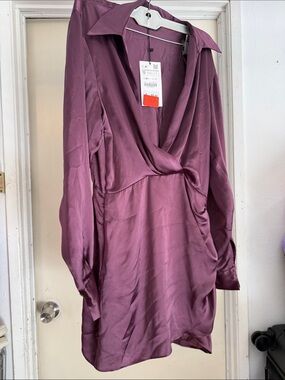 Plum Satin Deep V Long Sleeve Mini Dress